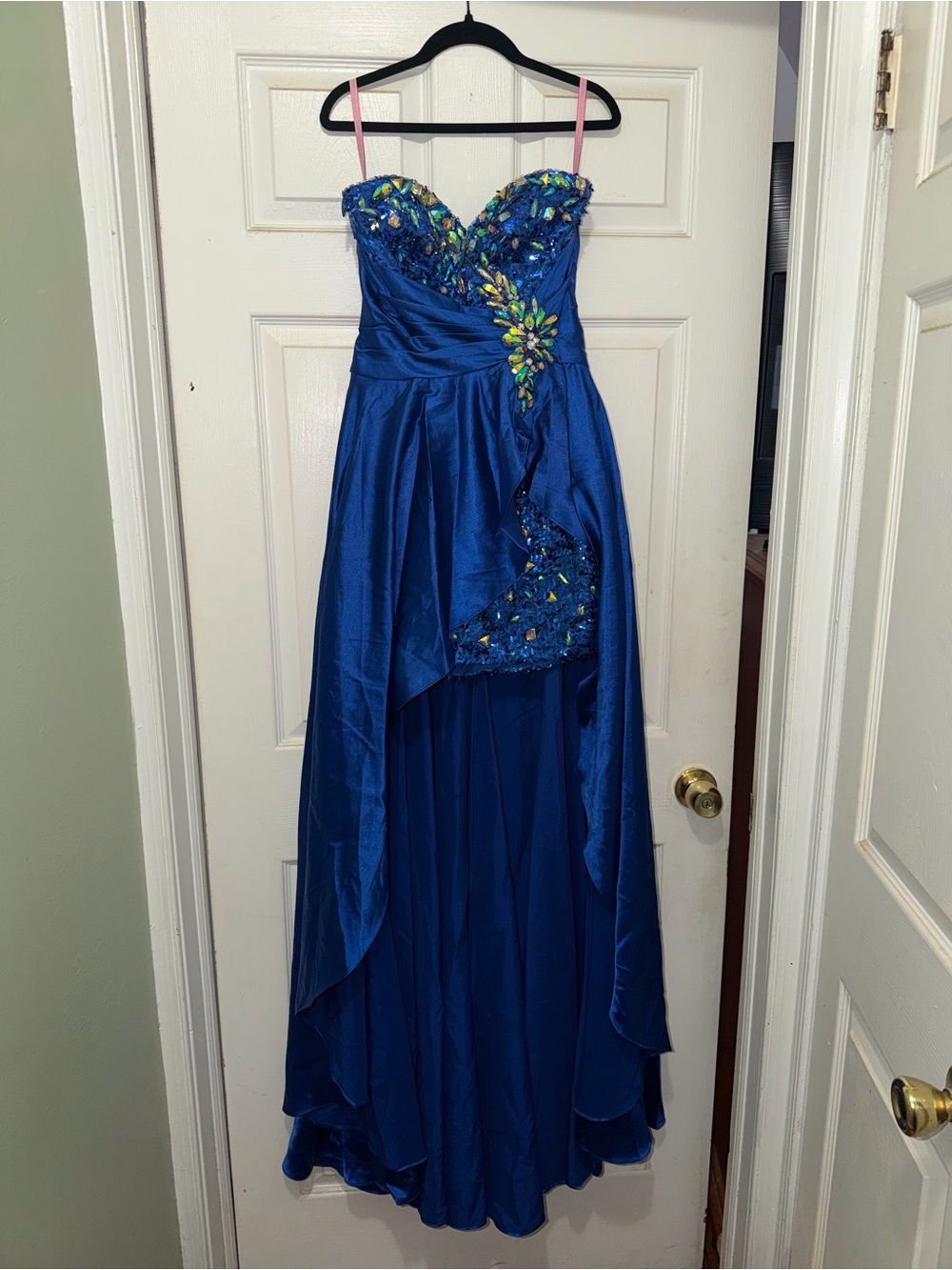 Strapless Royal Blue Embellished High-Low Evening Dress